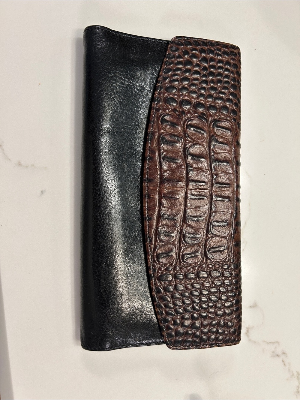 Brahmin Black Leather Wallet with Brown Croc-Embossed Flap